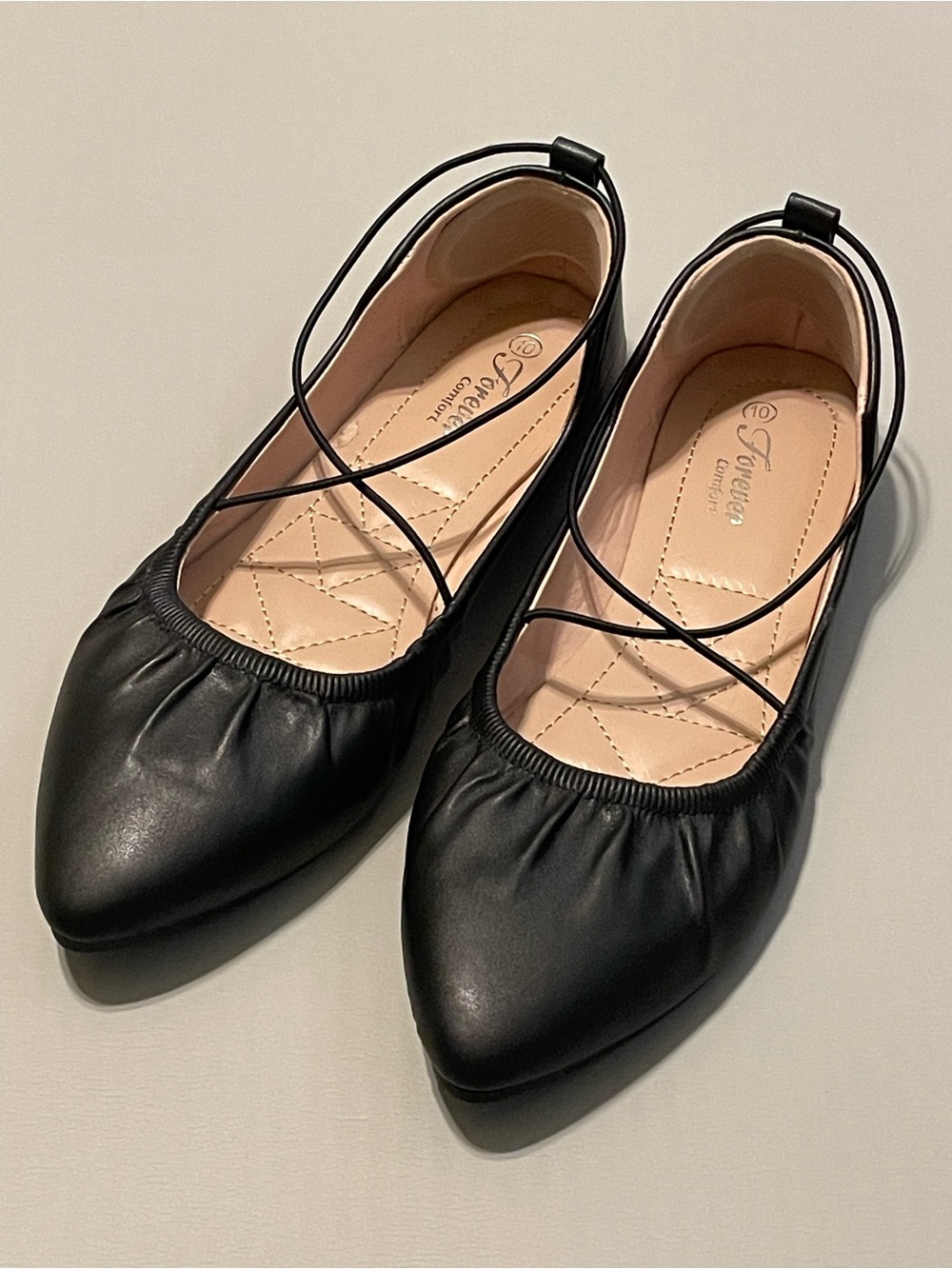 Forever Comfort Black Pointed Ballet Flats with Crisscross Straps